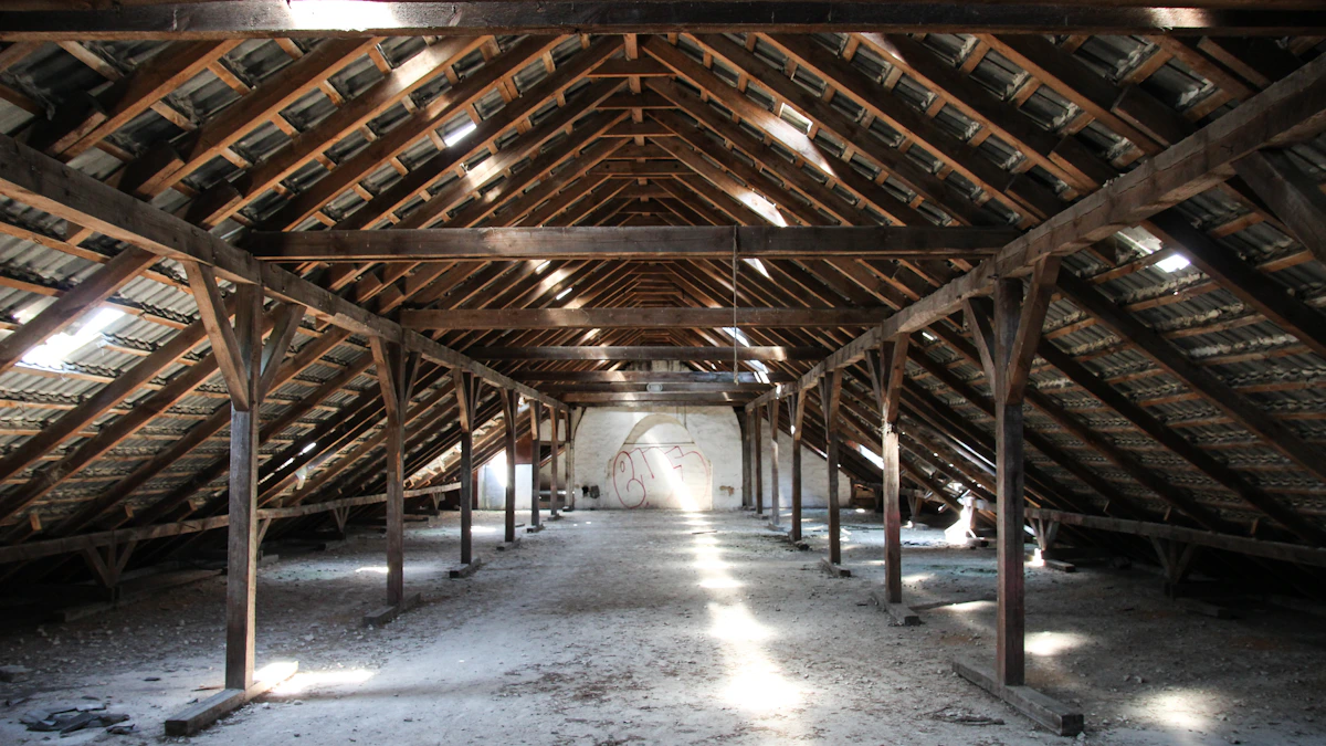 État initial d’une charpente à isoler Grande charpente de combles avant travaux d’isolation