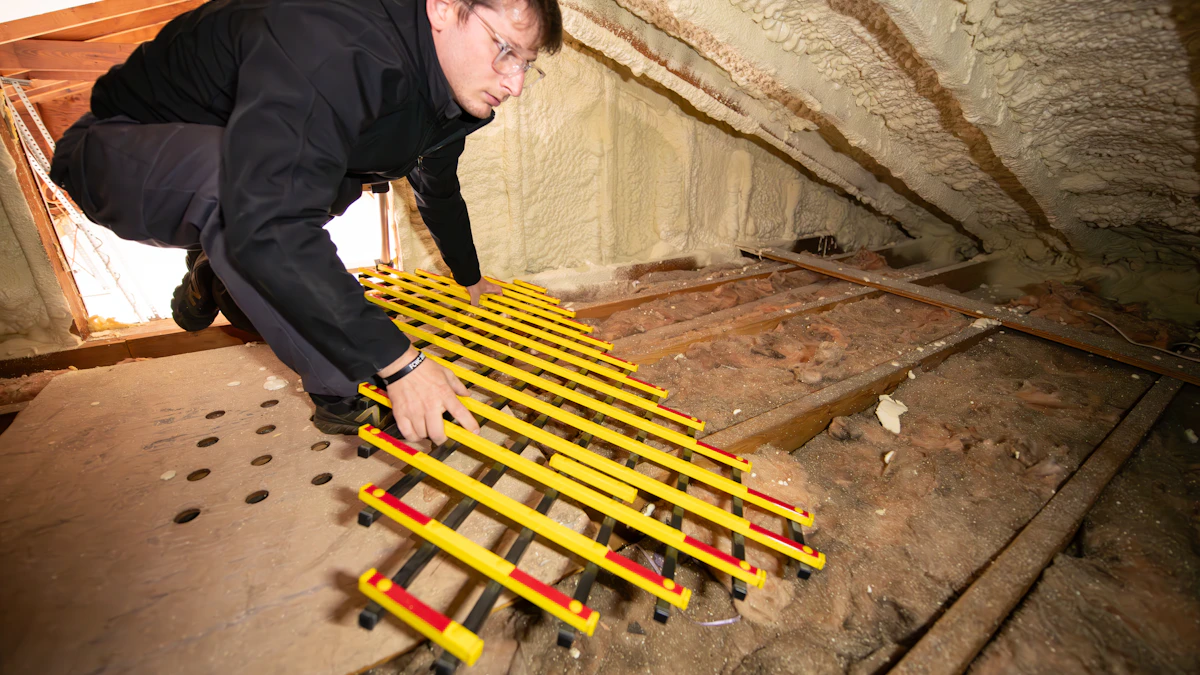 Préparation du support dans les combles Professionnel préparant le plancher d’un comble avant isolation