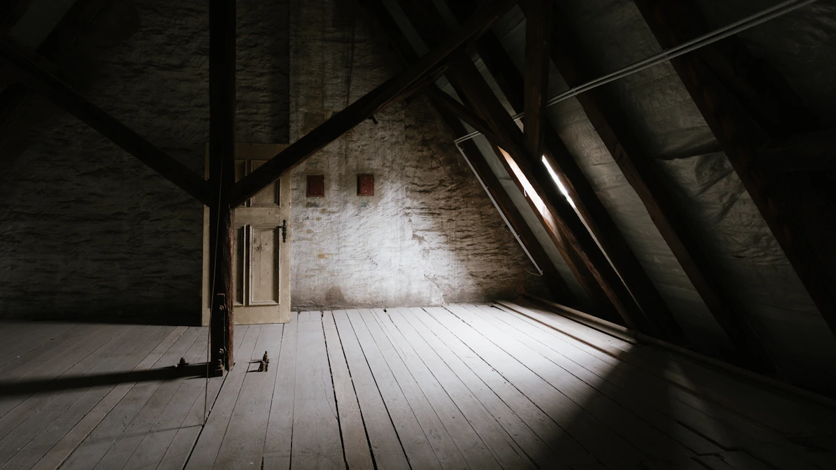 Évaluation d’un grenier existant Structure sombre d’un grenier ancien avant rénovation
